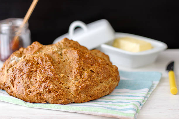 One homemade, fresh loaf of Irish Soda Bread with raisins.  Macro