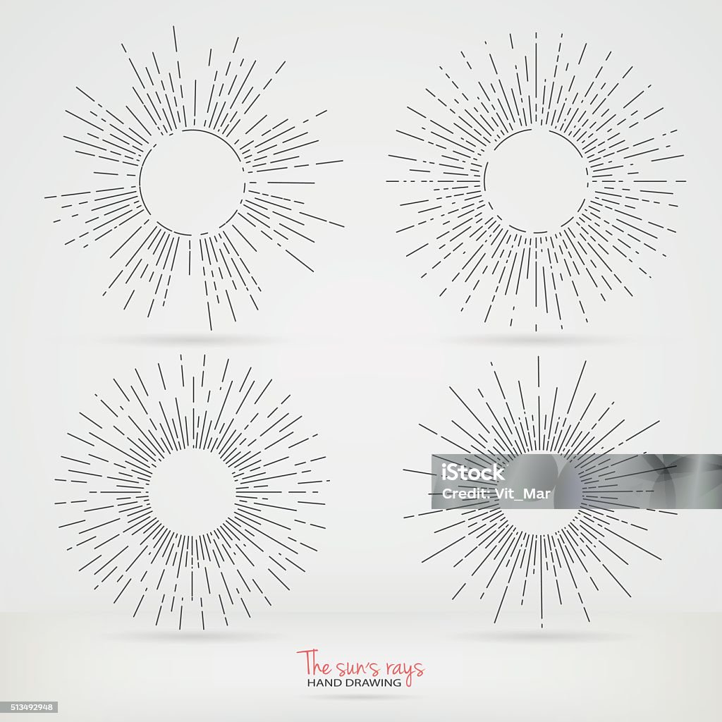 The sun's rays in the style of Hand Drawing. Graphic elements for various design projects. Uneven sun rays that diverge in hand. The ability to place the text in the center of the elements. Sun stock vector