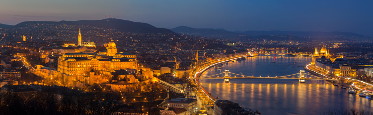 Panoramic cityscape of Budapest with landmarks buildings as Chain Bridge, Parliament and Matthias Church. Panoramic composite of 4 images.