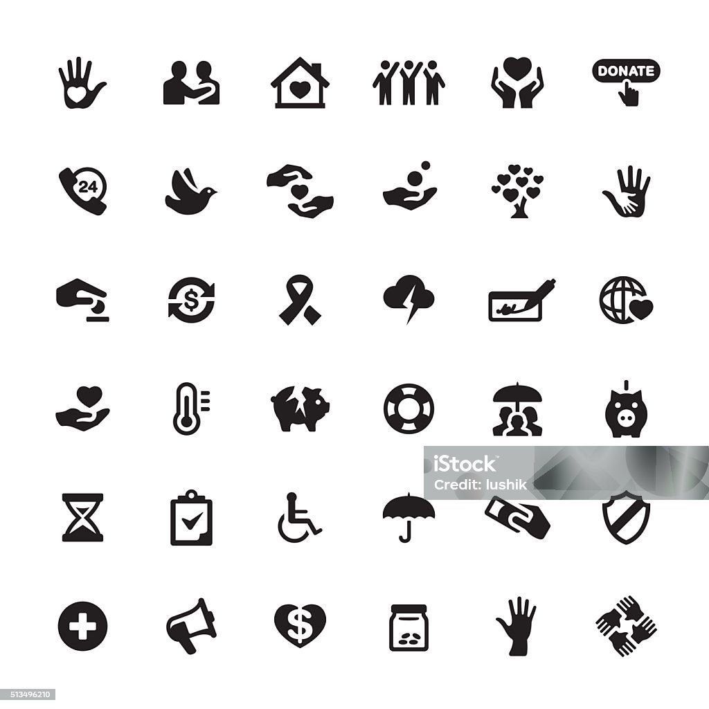 Charity and Relief Work vector symbols and icons Charity and Relief Work related symbols and icons. Fundraising stock vector