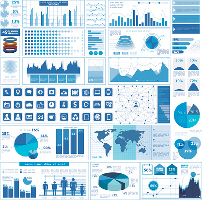 Illustration of a variety of business graphs in blue