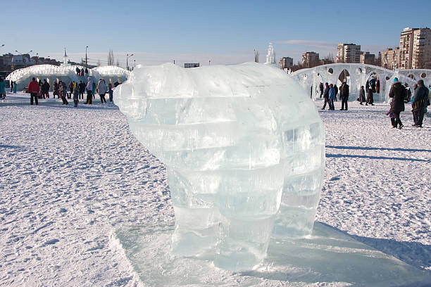Perm, Russia - February  06.2016:  Beautiful ice sculpture of a bear on the Esplanade, the symbol of the city, Lenin Street