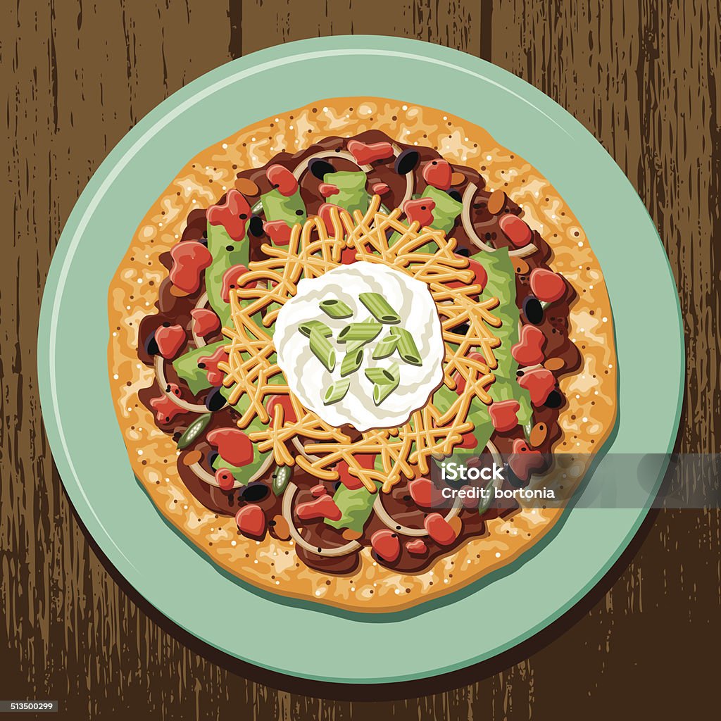 Chili Cheese Tostada A plate of a chili cheese topped tostada with a dollop of sour cream and green onions on top. No gradients or transparencies used. Above stock vector