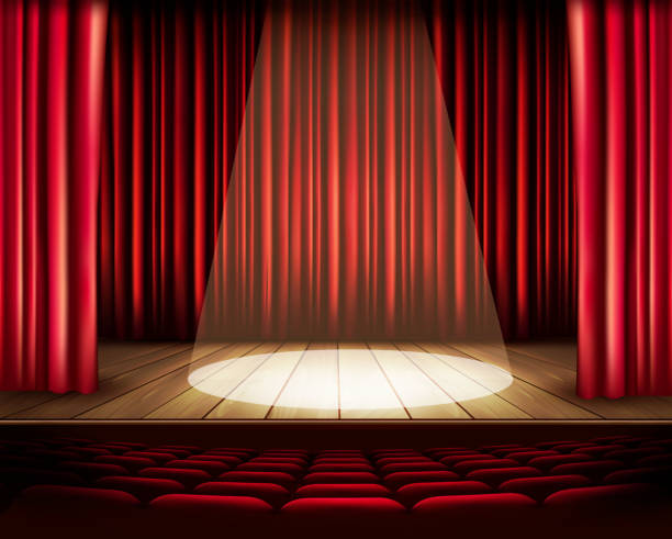 istock Theater stage with red curtain, seats and a spotlight. Vecto 513502219
