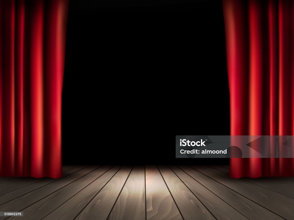 Theater stage with wooden floor and red curtains. Vector. Backstage stock vector