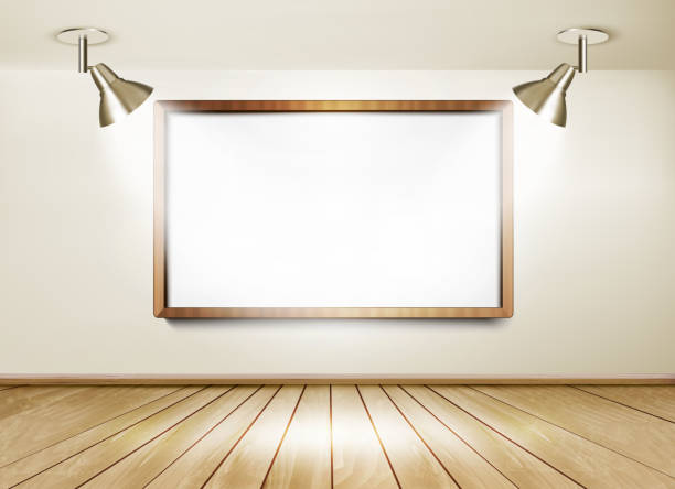istock Showroom with wooden floor, white board and two lights. Vector. 513502295