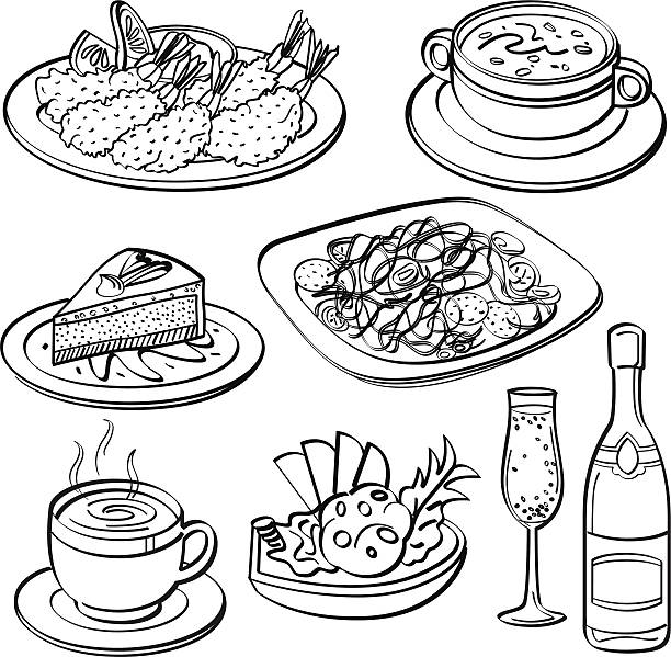 ilustraciones, imágenes clip art, dibujos animados e iconos de stock de colección de cena - shrimp cocktail