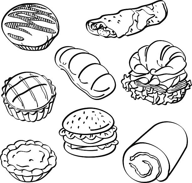 brot und kuchen-kollektion - egg tart stock-grafiken, -clipart, -cartoons und -symbole