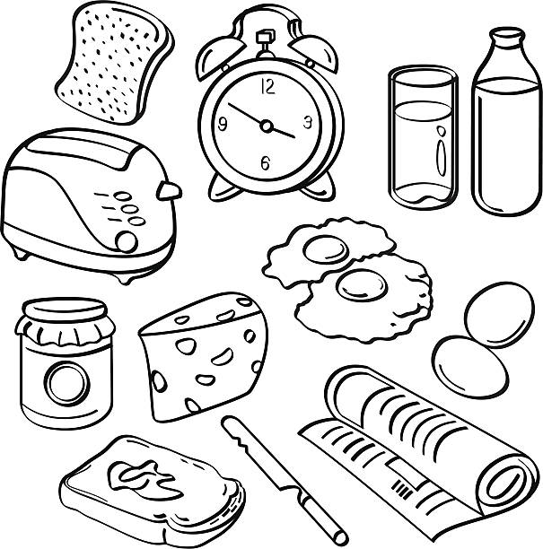 ilustraciones, imágenes clip art, dibujos animados e iconos de stock de colección de desayuno - newspaper doodle the media line art