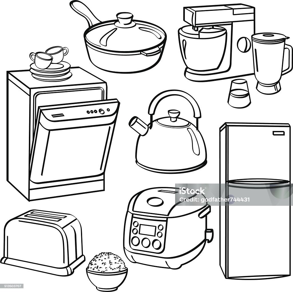 Kitchen Utensils and Appliances A collection of different kinds of kitchen utensils and appliances with sketch style. It contains hi-res JPG, PDF and Illustrator 9 files. Refrigerator stock vector
