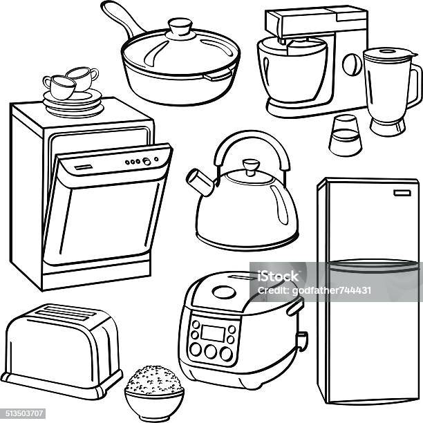 Kitchen Utensils And Appliances Stock Illustration - Download Image Now - Refrigerator, Line Art, Sketch