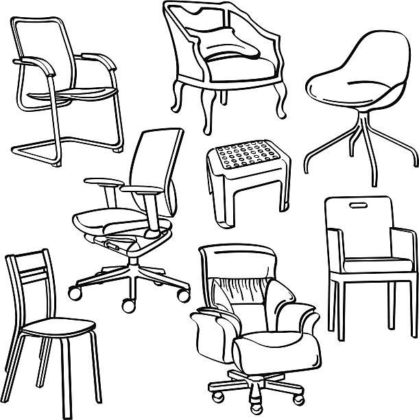 illustrazioni stock, clip art, cartoni animati e icone di tendenza di sedie collezione - office chair chair furniture scribble