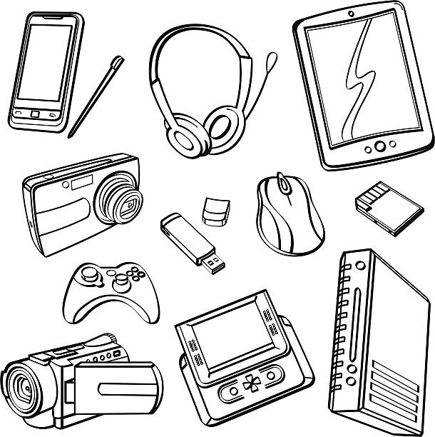 Digital Products Collection Different kinds of digital products in sketch style. It contains hi-res JPG, PDF and Illustrator 9 files. black and white headphones stock illustrations