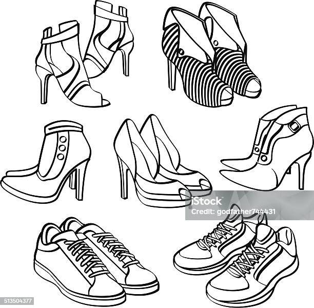 Shoes Collection Stock Illustration - Download Image Now - Shoe, Line Art, Black And White