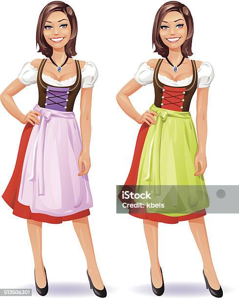 Ilustración de Joven Mujer En Vestido Dirndl y más Vectores Libres de Derechos de Dirndl - Dirndl, Vestido, Fondo blanco