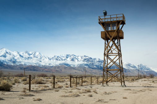 A watch tower at the Manzanar relocation camp in California where thousands of Japanese-Americans were held in detention during World War II.
