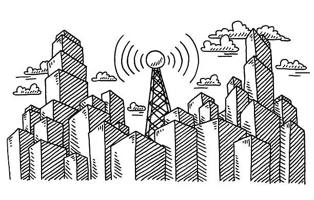 Vector illustration of Radio Communication Tower City Drawing