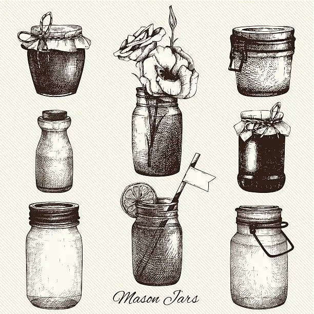Vector illustration of Vector collection of ink hand drawn mason jars.