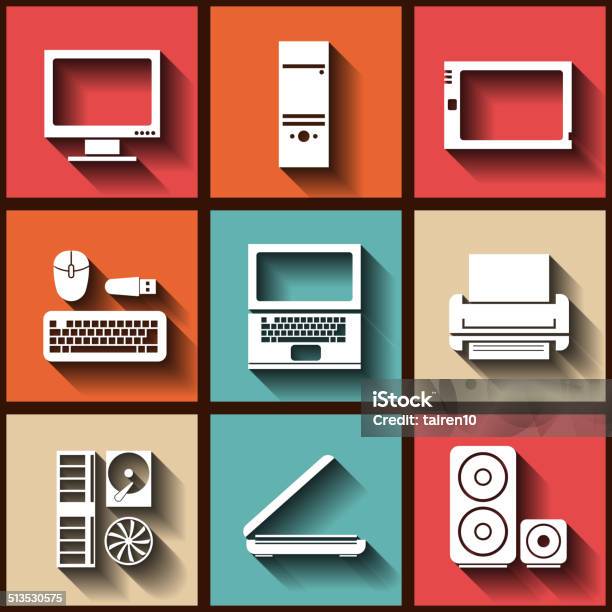 Set Of 9 Flat Icons With Computer Elements Stock Illustration - Download Image Now - Beige, Blue, Business