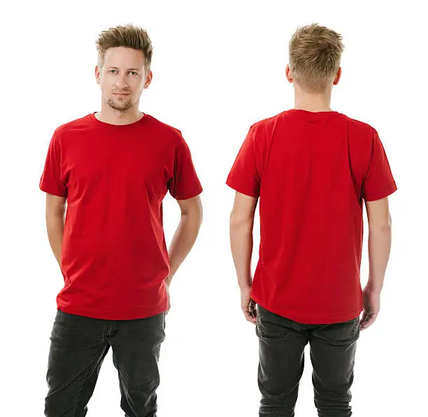 Photo of Man posing with blank red shirt