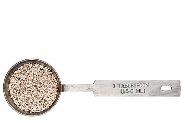 white chia seeds  in a metal measuring tablespoon isolated on white