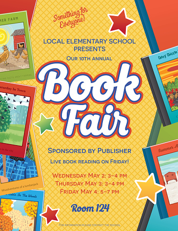 Bright Retro Style Children's Book Fair or sale Invitation Poster.  There is an assortment of books on both sides with a big section for text in the center. Includes star ornaments. Several layers for easier editing. yellow background