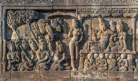 Bas-reliefs of Borobudur temple,  Java, Indonesia