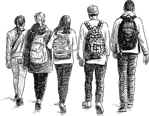 school children Vector sketch of the walking teenagers. adolescence stock illustrations