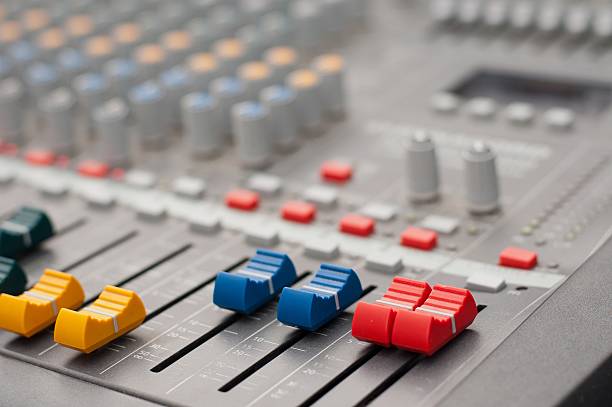 istock Detail view of music mixer with knobs 513535347