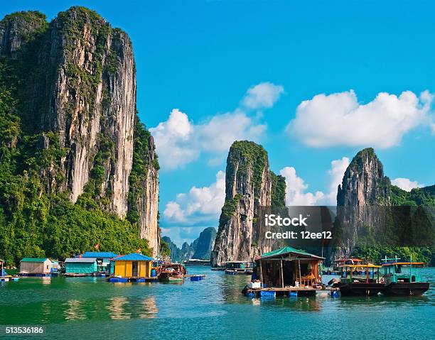 Floating Village And Rock Islands In Halong Bay Stock Photo - Download Image Now - Hạ Long Bay, Vietnam, Long