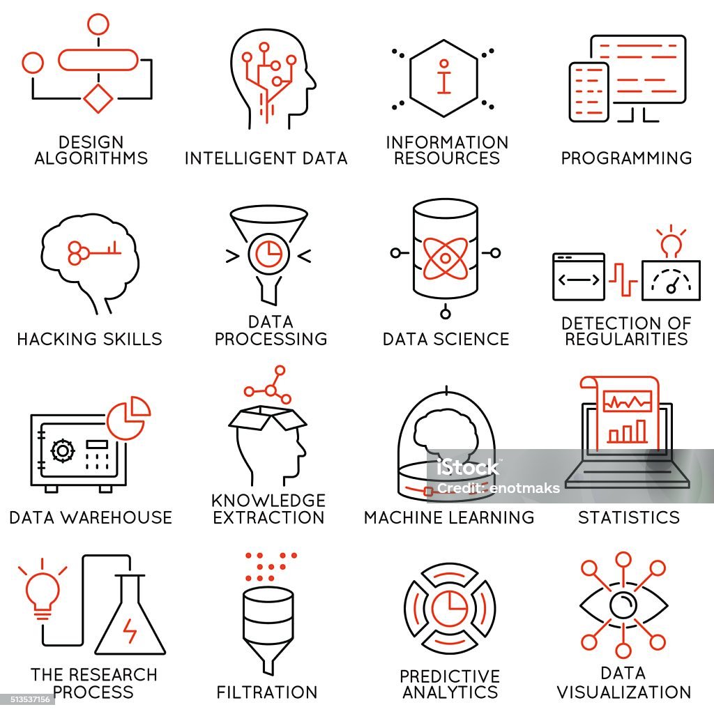 Vector set of 16 icons: data management, analytic service-part 2 Vector set of 16 icons related to business and data management, analytic service and data science. Mono line pictograms and infographics design elements - part 2 Icon Symbol stock vector