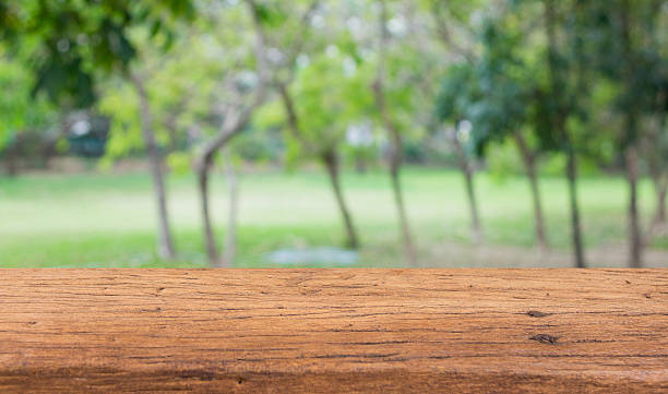 istock Wood table top on bokeh abstract nature background 513538818