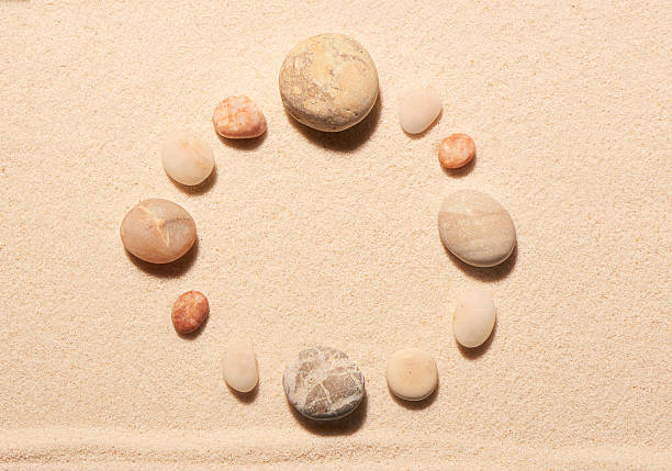 istock Round frame of sea stones on sand. Summer beach background 513539156