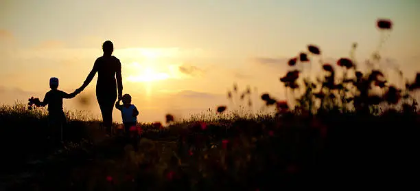Photo of mother, children, family, sea, sunset, flowers, spring,   silhouette,  beautiful, women