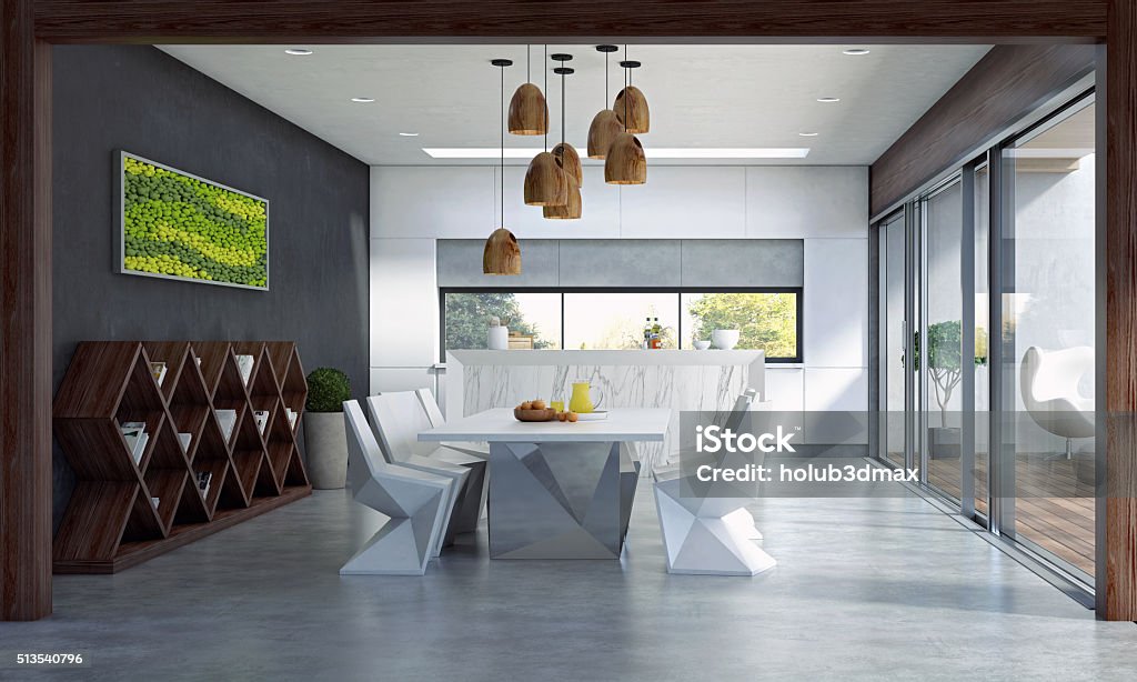 Contemporary Dining Space Contemporary dining space with big sliding door and terrace. Dining Room Stock Photo