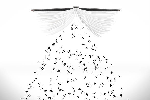 Letters pour out from the opened book at white background
