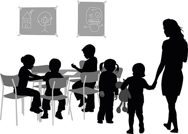 Apprehensive Child Vector illustration of a mother taking a young child to join a group of children sitting at a table playing.  Drawings in the background indicate that they might be doing craft. preschool building stock illustrations