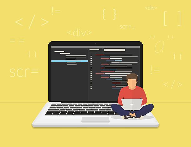 Young programmer coding a new project Man is sitting on the big laptop and working. Flat modern illustration of young programmer coding a new project using computer computer programmer illustrations stock illustrations