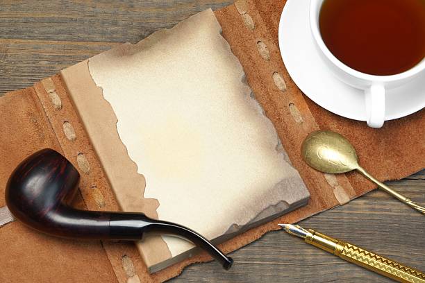 istock Opened Vintage Notebook With Blank Page, Pen, Teacup, Spoon, Pip 513545384