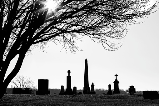 High contrast image of cemetary with sunlight coming through the trees and shillouette of grave stones. Located near the Tallgrass Prairie National Preserve in the Flinthills of Kansas.