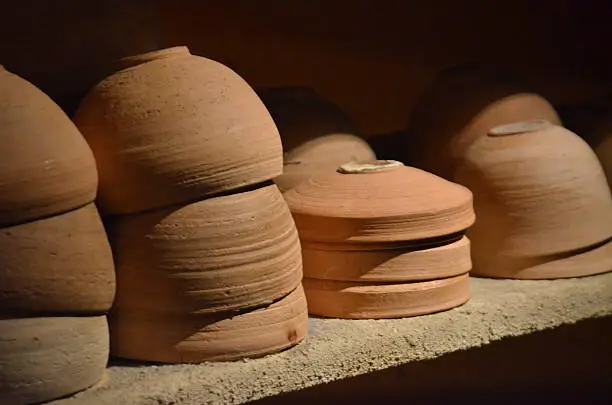 Stacked and stored pottery in Qumran.