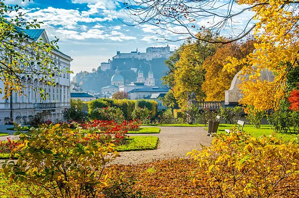 Beautiful view of famous Mirabell Gardens with the old historic Fortress Hohensalzburg in the background in Salzburg, Austria