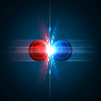 Frozen moment of two particles collision with red and blue light. Vector illustration. Explosion  concept. Abstract molecules impact on black background. Atomic Power. Nuclear reactions concept.