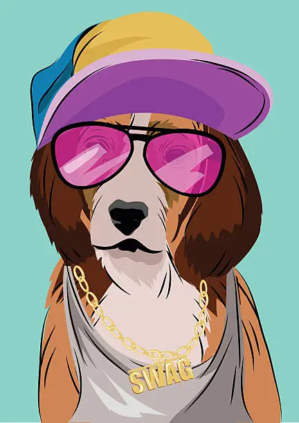 Vector illustration of Dog dressed up in hip hop style, vector illustration