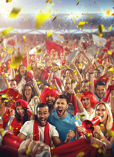sport fans: happy cheering crowd - fantasy football 個照片及圖片檔