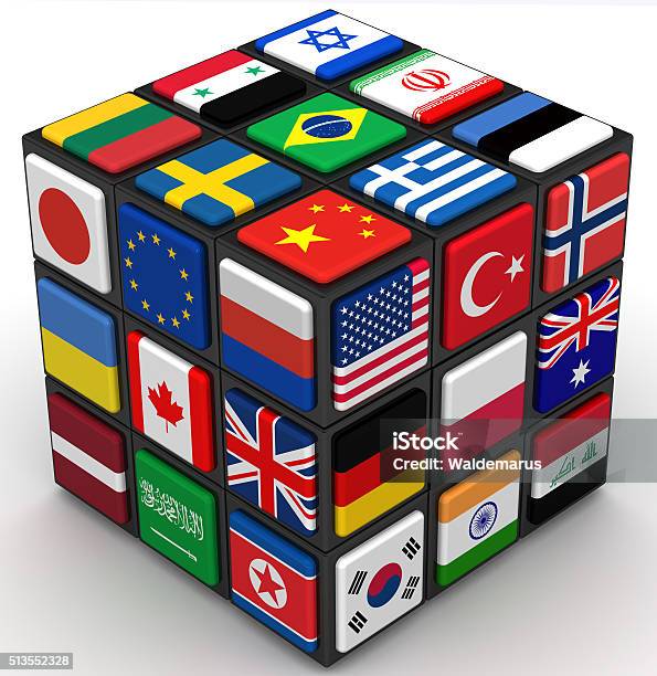 Flags Of Countries On The Faces Of The Cube Stock Photo - Download Image Now - Geopolitics, Russia, USA