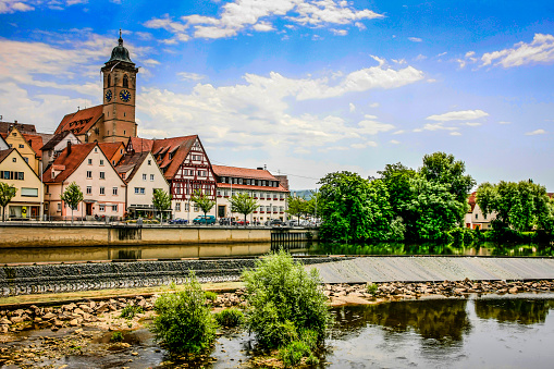 Nurtingen, Germany - June 29, 2012: The town of Nurtingen in the Baden-Wurttemberg region of Germany on the river Neckar.