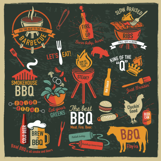 illustrazioni stock, clip art, cartoni animati e icone di tendenza di barbecue gruppo di icone a tema etichette con frasi o modi di dire - tabasco sauce