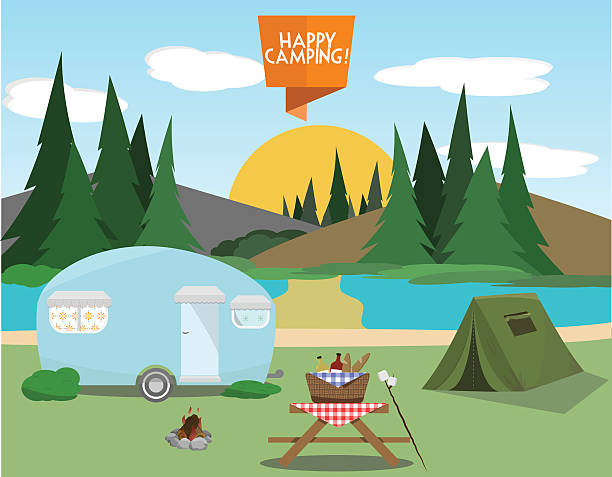 illustrations, cliparts, dessins animés et icônes de camping éléments ensemble - table de jardin