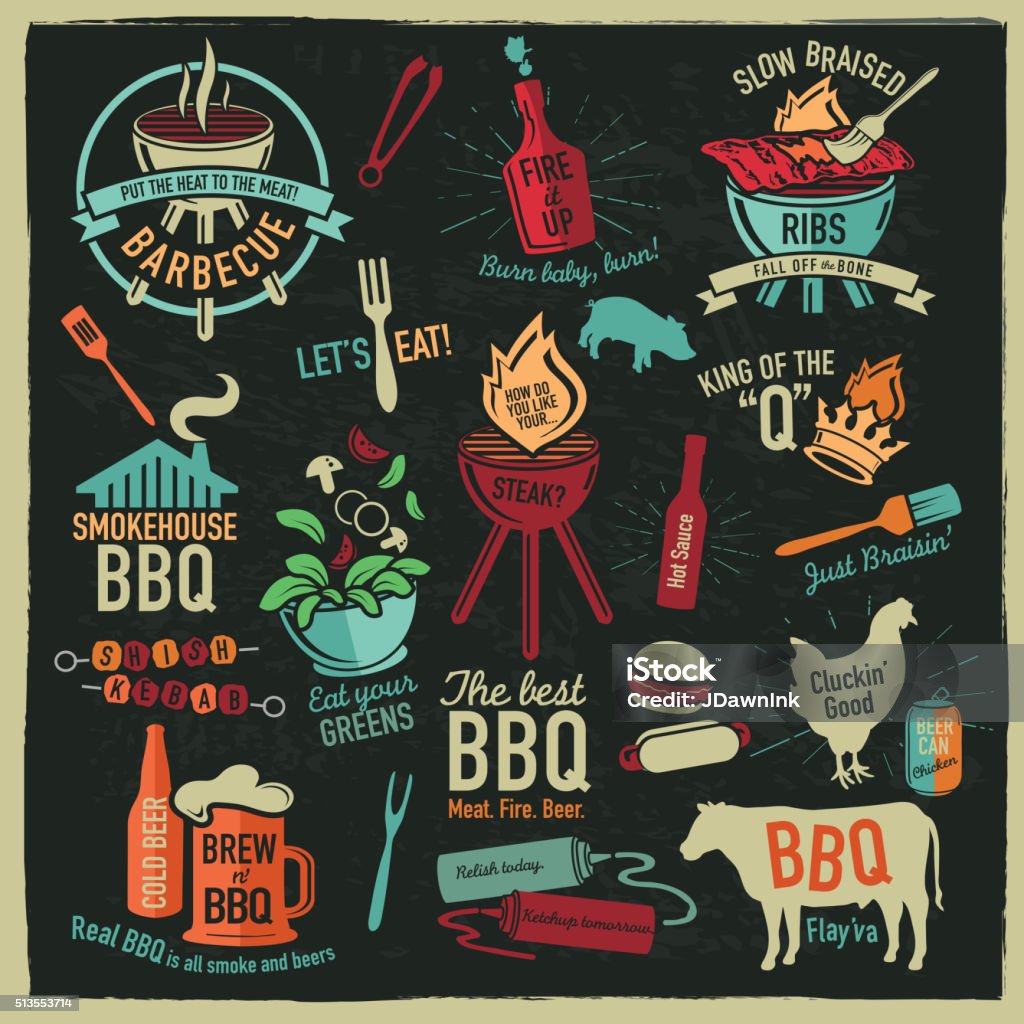 Set of BBQ themed icons labels with phrases or sayings Vector illustration. Set of BBQ icons. Barbecue - Meal stock vector